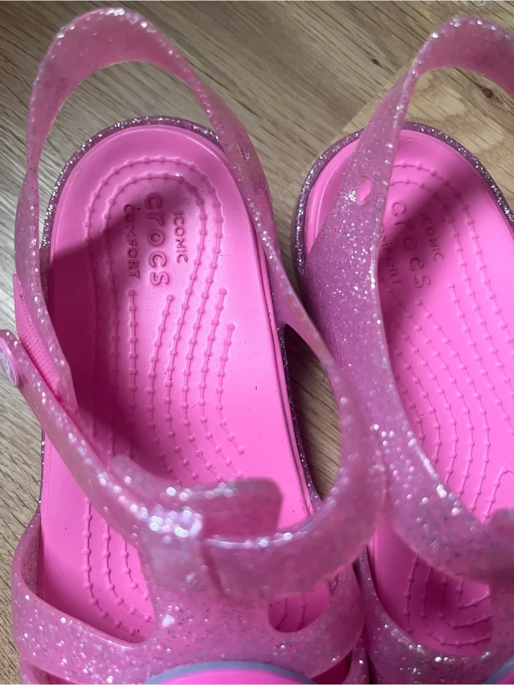 CROCS Kids Pink Glitter Jelly Sandals with Rainbow and Cloud Charms